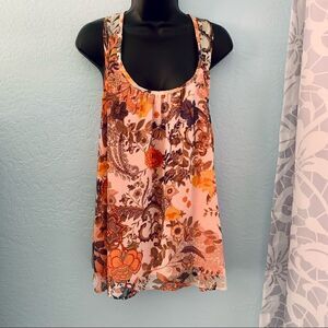 a.gain Tangerine Orange & Cream Floral Open Back Tank Top Size Medium